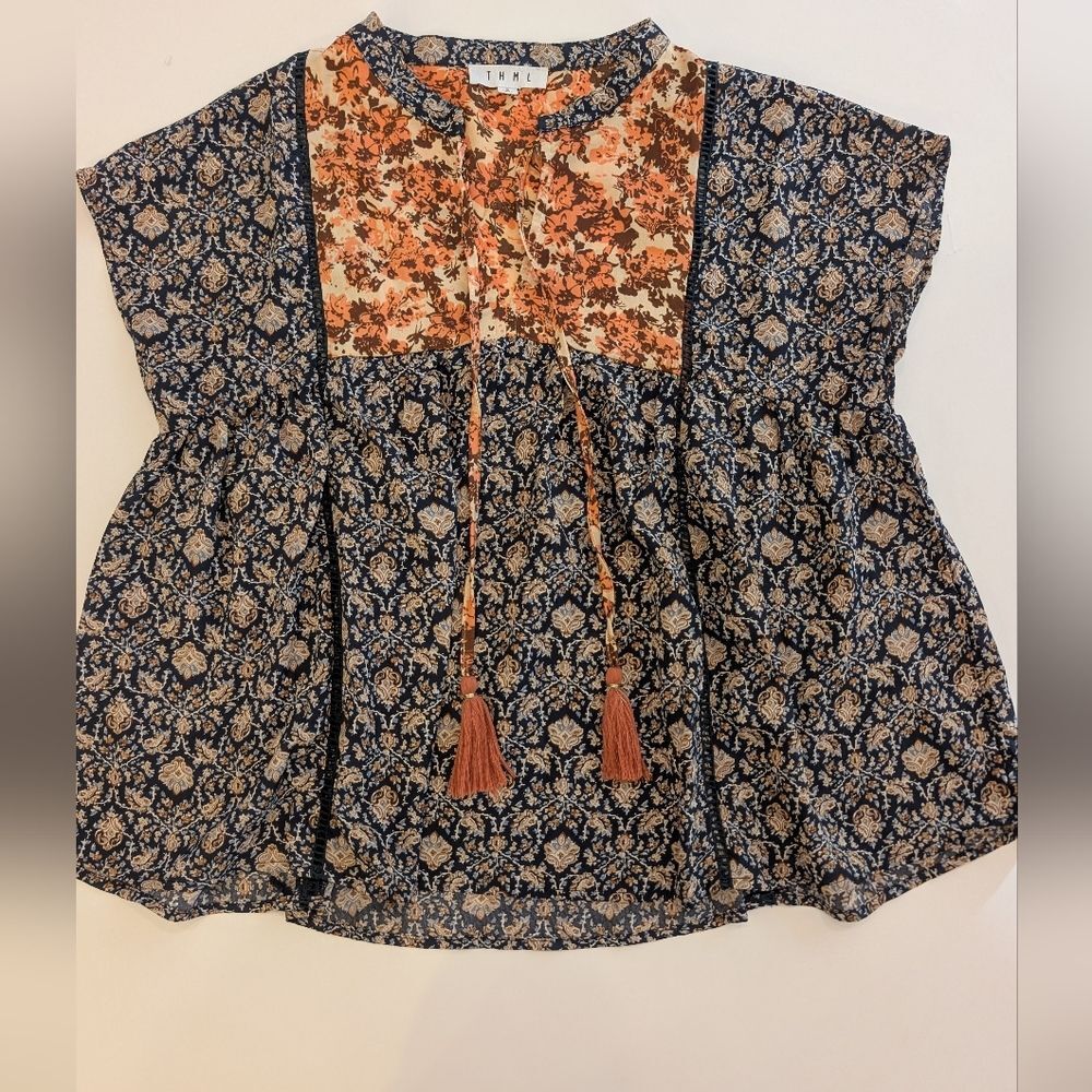 THML Navy & Rust Floral Patchwork Peasant Blouse boho 70s hippie patchwork